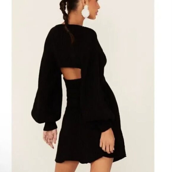 NWT Free People Emmaline Black Balloon Sleeve Knit Sweater Mini Dress Size Large - Picture 6 of 9